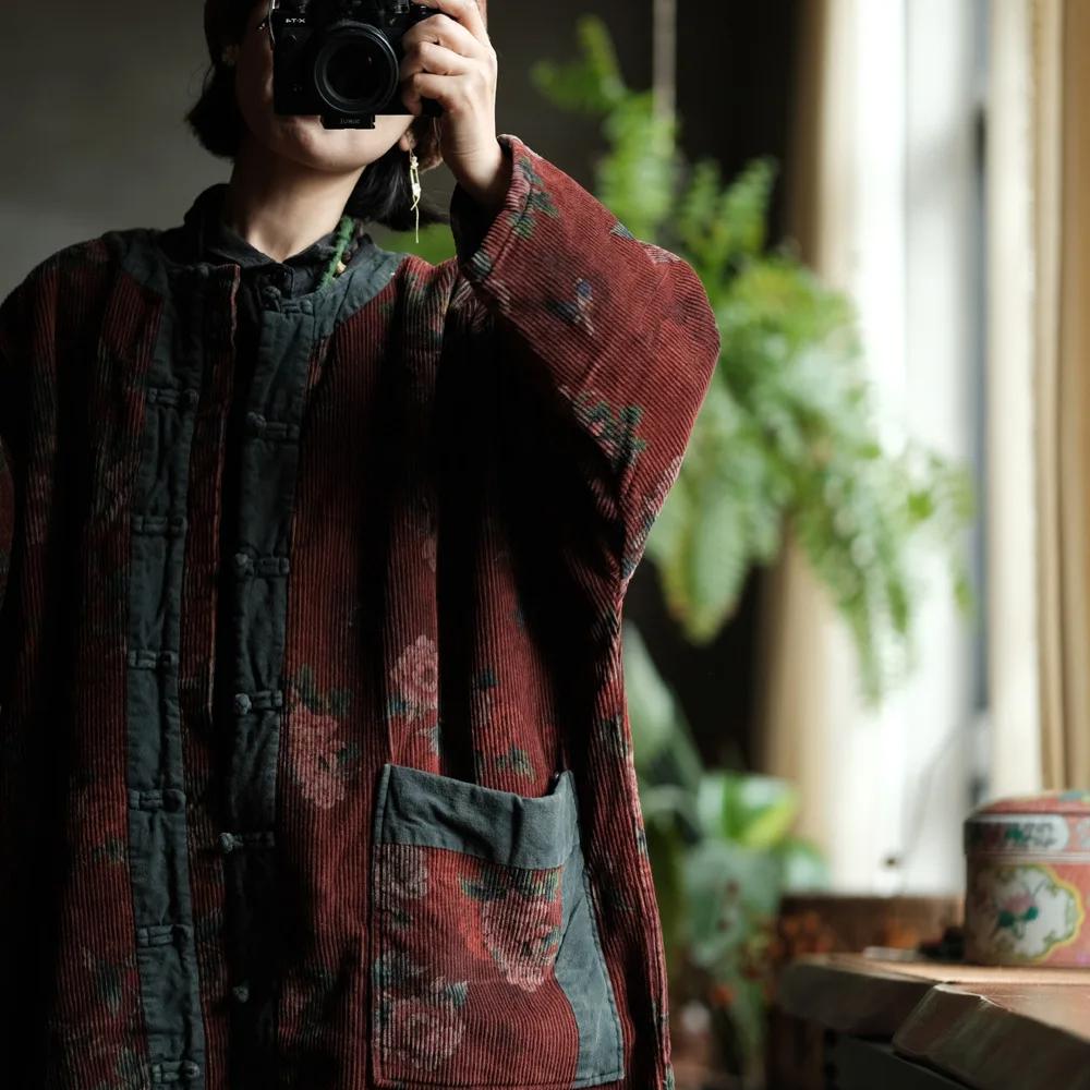 Johnature Women Vintage Red Floral Corduroy Warm Button Long Sleeve Pockets Coats Winter Chinese Style Coats