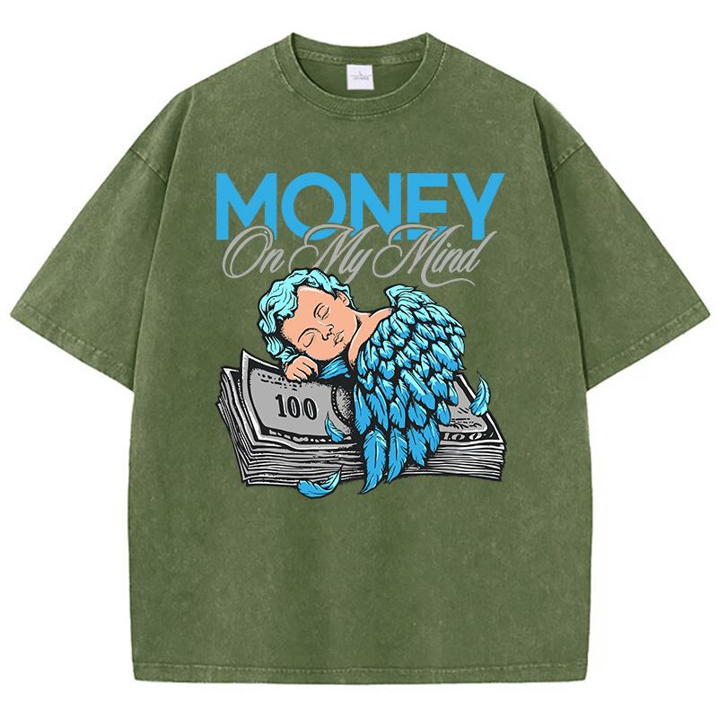 Vintage Womans Acid Wash TShirts Money On My Mind Manga Angel Printed Tops Crewneck Cotton Oversize Tees Fashion Female Clothes