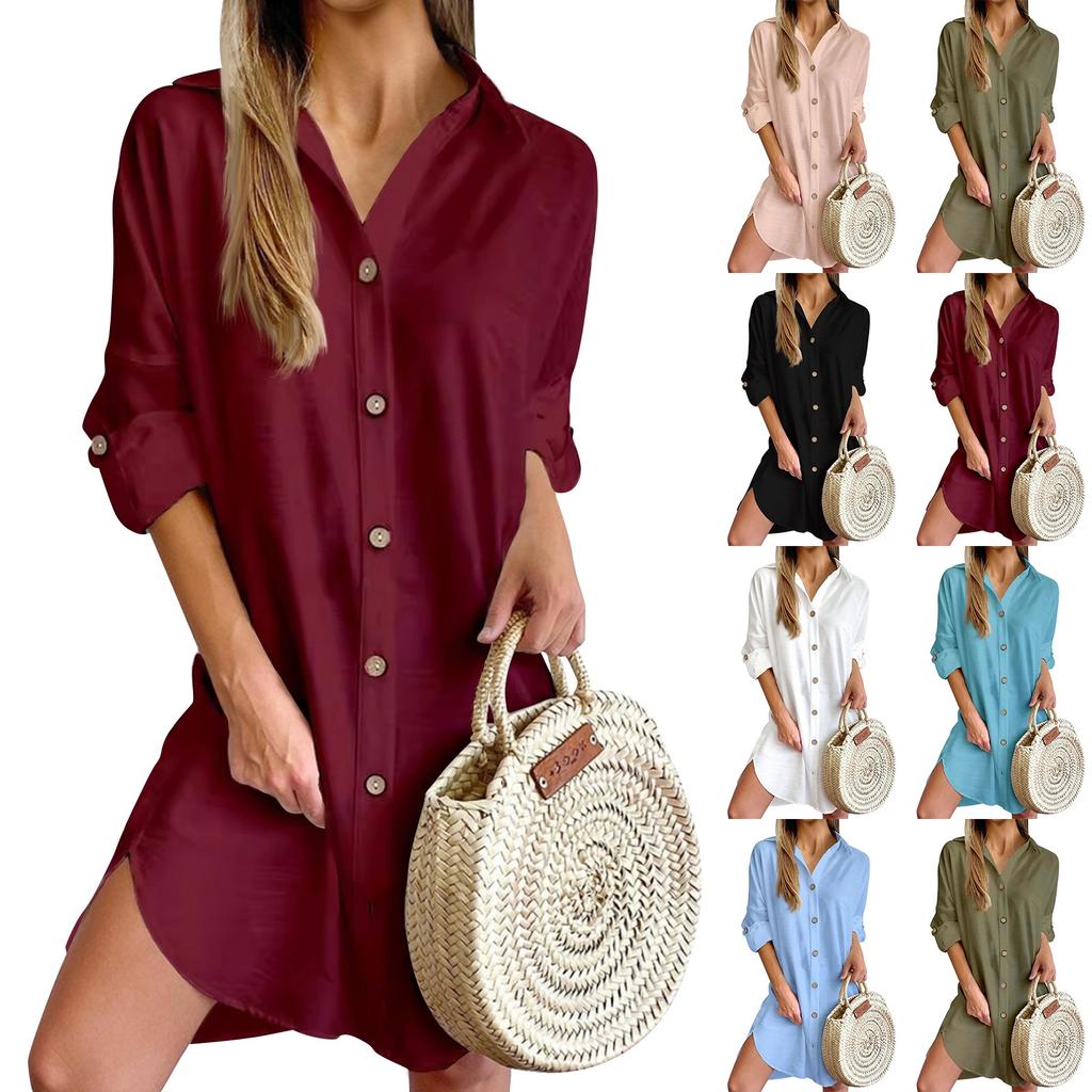 Women's Fashion Long Sleeve Lapel Button Down Shirt Dresses
