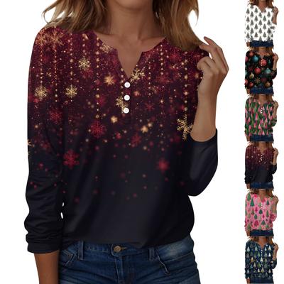 Женская мода Повседневная футболка с V-образным вырезом, длинными рукавами и декоративными пуговицами