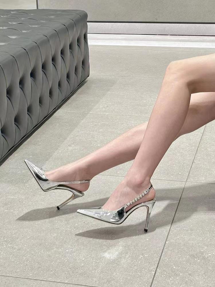 Темпераментные женские туфли со стразами, туфли-лодочки на высоком каблуке с острым носком, лето 2025, новинка, серебристые женские сандалии-стилетто для знаменитостей