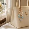 Pastoral Style Keychain Pendant with Round Imitation Pearls, Flower Butterfly Enamel Charm Decorative Key Ring, Layered Holder Zinc Alloy