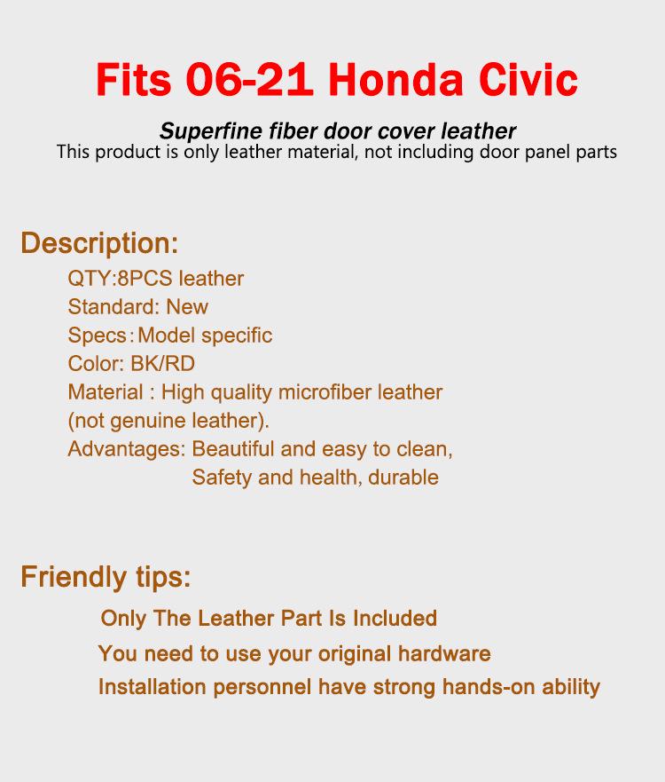 Fits 2016-2021 Honda Civic, Tenth Gen Leather Door Panel Armrest.