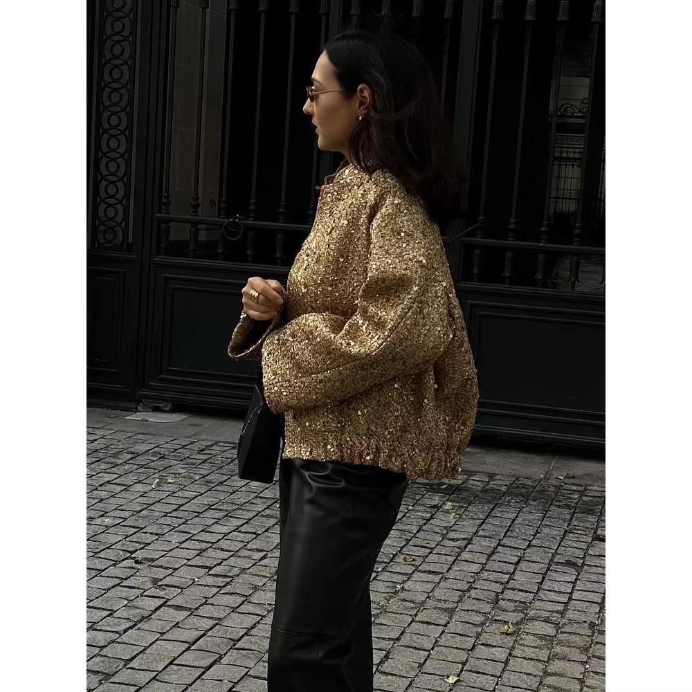 Women Sequins Coat O Neck Long Sleeves Female Loose Jacket Gold Silver Wild Shiny Short Woman Cardigan Coat Streetwear