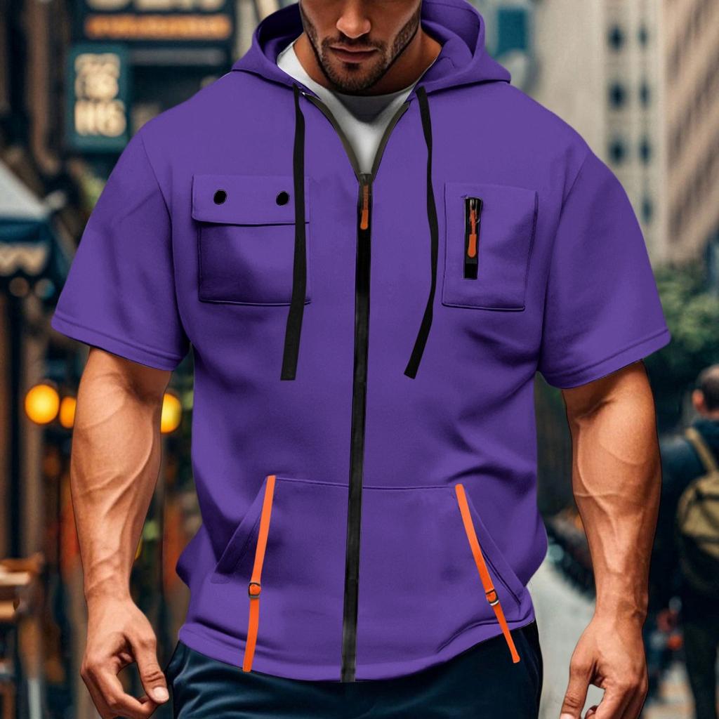 Men's Casual Short-sleeved Sweatshirt. Loose And Breathable Solid-color Sweatshirt Jacket With Multiple Pockets And A Zipper.
