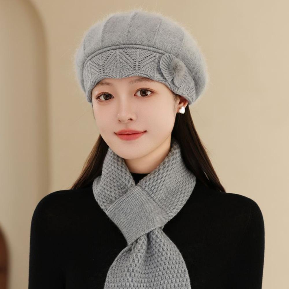 Casual Thicken Mom Hat Scarf Windproof Rabbit Fur Knitted Hats Coldproof Winter Hat Scarf Women