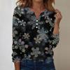 Women's Fashion Casual V-Neck Long Sleeve Decorative Button Christmas Print Top