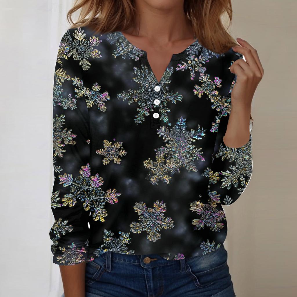 Women's Fashion Casual V-Neck Long Sleeve Decorative Button Christmas Print Top