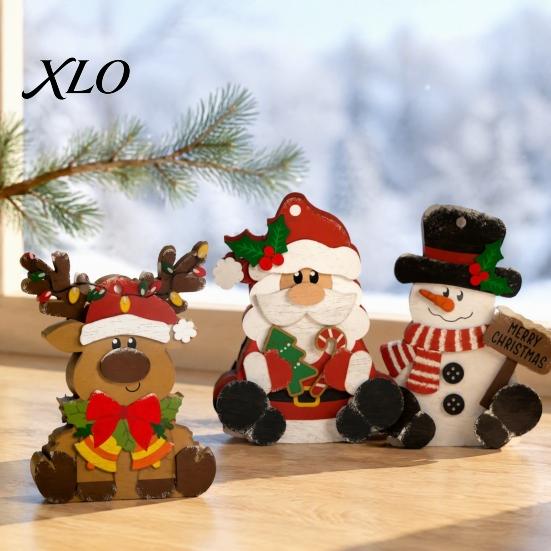 Wooden Christmas Ornaments 3Pcs Tabletop Decor Set, Santa Snowman Reindeer Figurine, Hanging Reusable Winter Holiday Tree Ornament with Jute