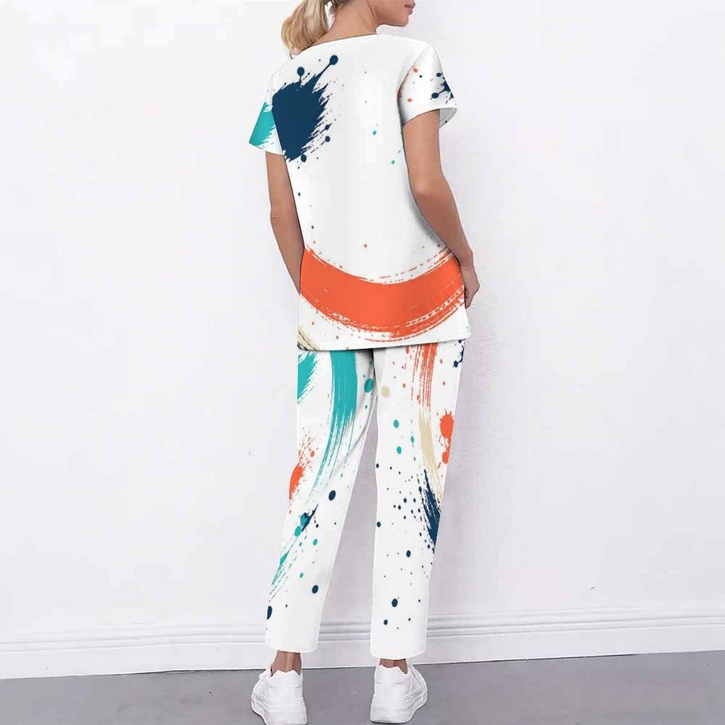 Women Plus Size Blue Cream Printed Scrub Set Cutout Neck Short Sleeve Pocket Top Long Pants Two Piece