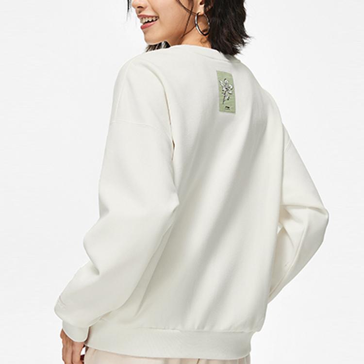 Li Ning Sports Lifestyle Series Letter Print Crew Neck Pullover Fleece Long Sleeve Sweatshirt Women Sweatshirt Off-White AWDT762-4
