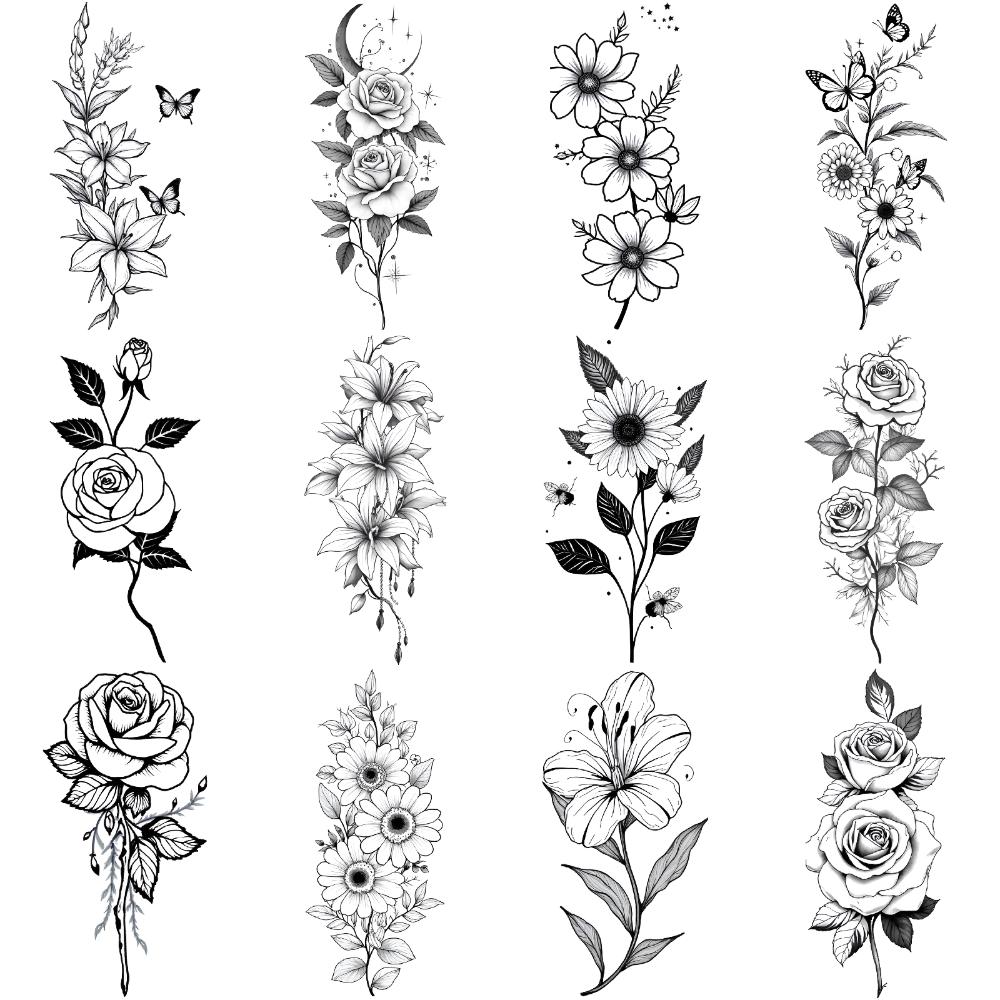 12 шт. Временные татуировки Цветочные узоры Водонепроницаемые Долговечные Наклейки на тело Для бедер Женские Взрослые