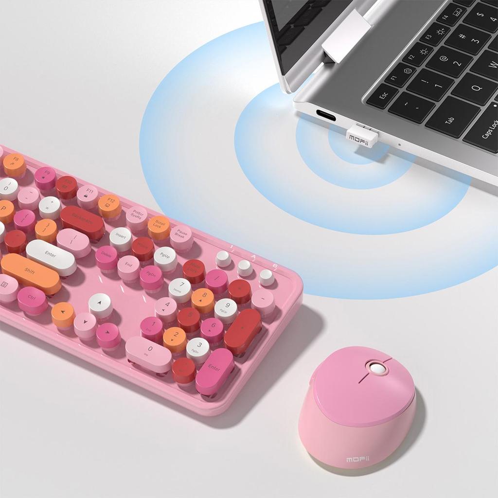 Mofii Sweet Wireless Retro Round Keyboard Mouse Combo Ergonomics 104 Key Compatible Multiple Systems For Laptop Game Office Work