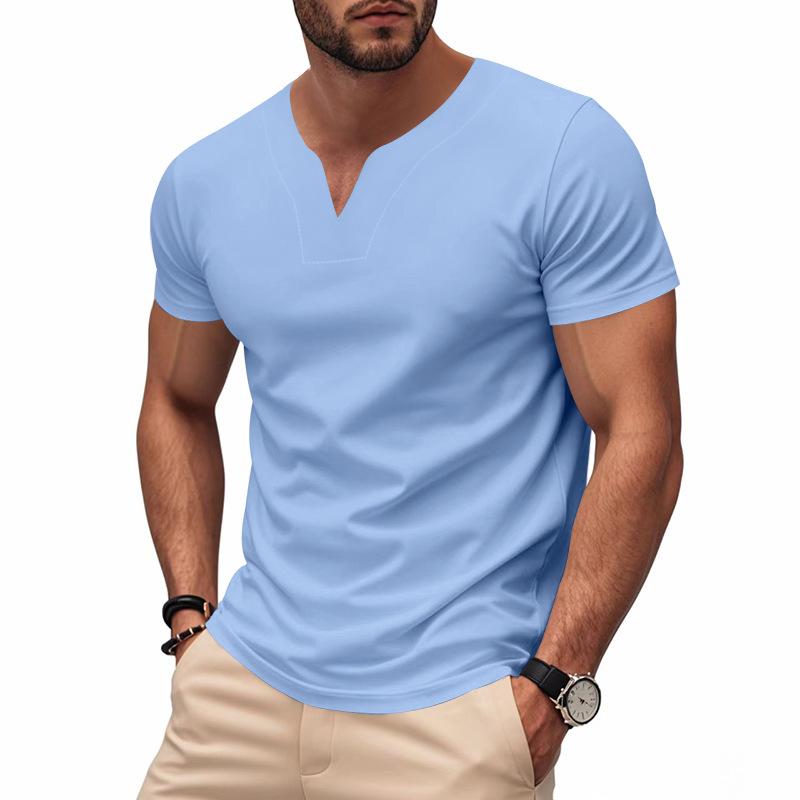 Men's Summer British Style V-Neck Jersey T-Shirt, Quick Dry Loose Solid Color Short Sleeve Tee for Men