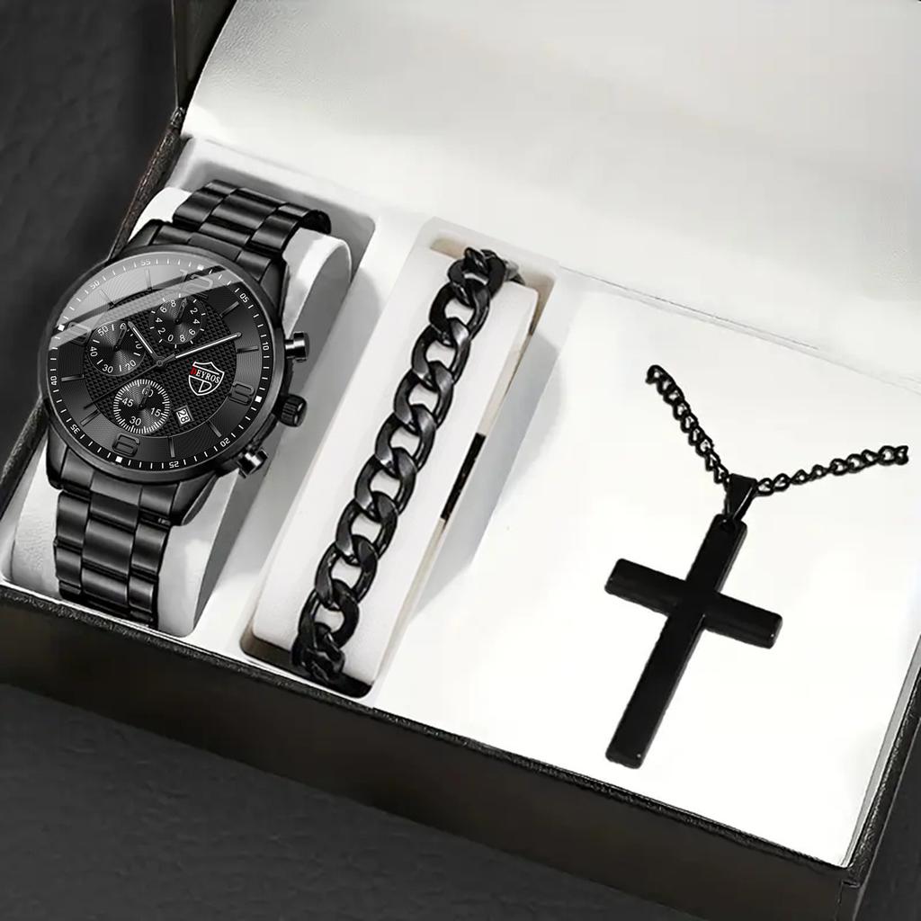 3pcs/set, Men's Calendar Fashion Business Stainless Steel Quartz Watch & Bracelet & Necklace Mens Gifts