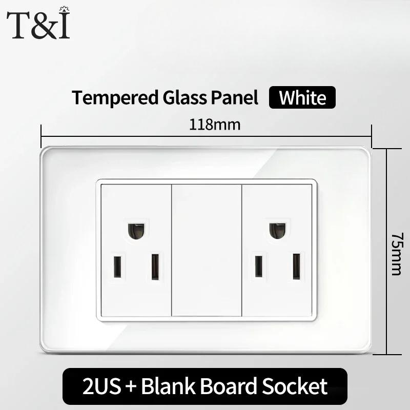 T&I 118*75 мм Закаленное Стекло US Розетка Белая Тайская USB Розетка Вилка с Двумя портами USB Type-C, Выключатель 110В