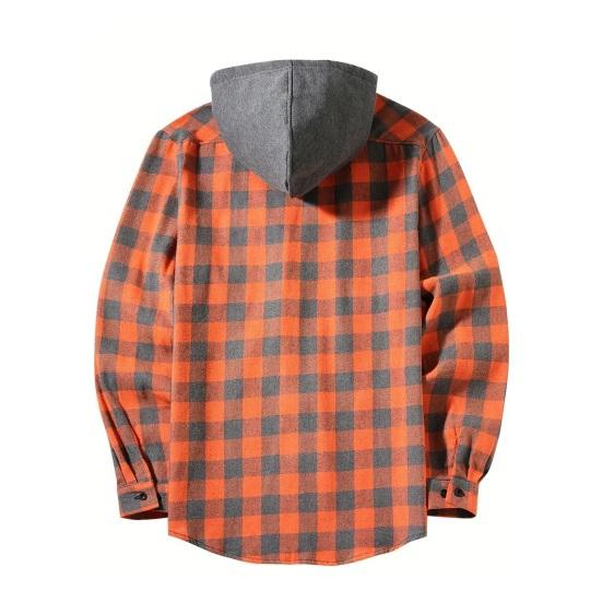 Fall Spring Men Shirt Hooded Drawstring Long Sleeves Color Matching Plaid Print Single-breasted Daily Wear School