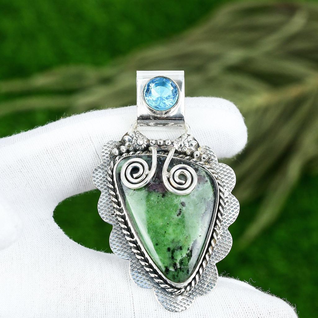 Trillion Natural Ruby Zosite Blue Topaz Boho Pendant Jewelry 925 Sterling Silver