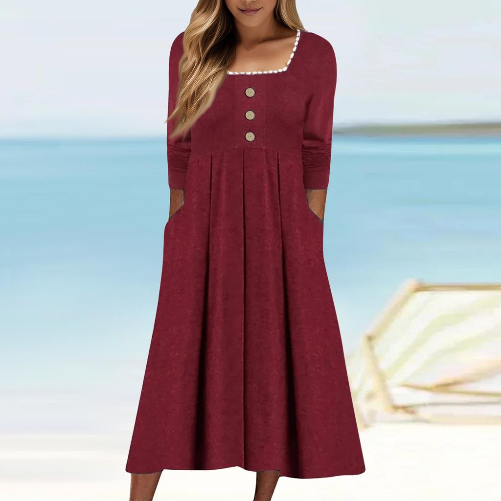 Женские повседневные модные длинные платья с квадратным воротником и длинным рукавом, кружевные, однотонные, винтажные, с карманом, осень и зима