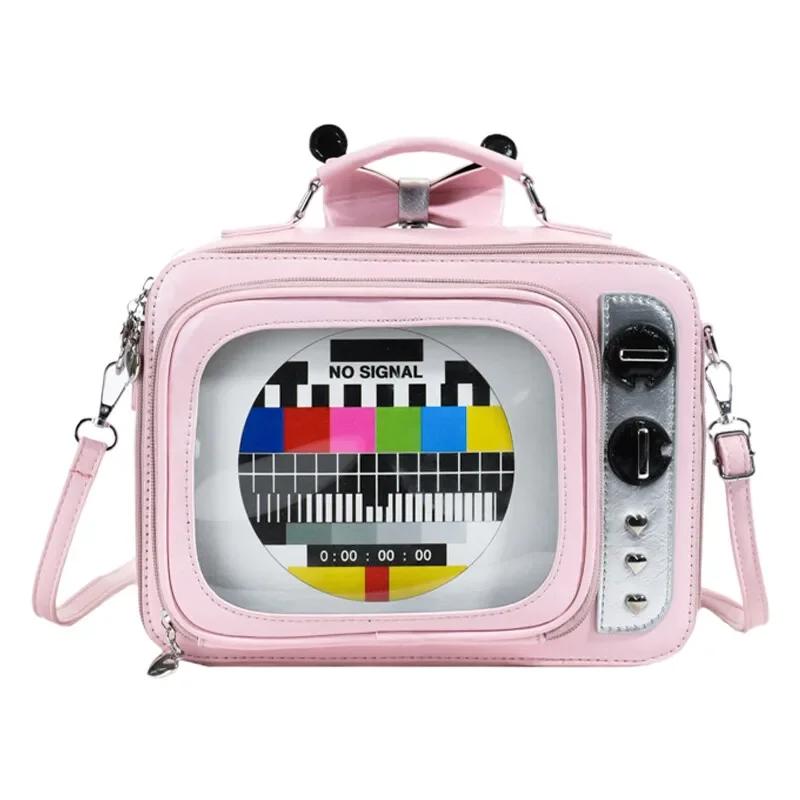 Large TV Shape Ita Bag Retro Style Women's Shoulder Backpack Leather Handbag Cartoon Square Design Personalized Square Bag