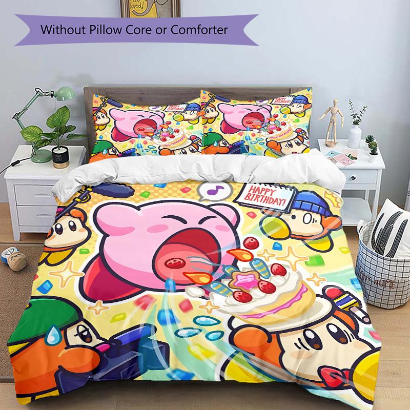3-местный комплект постельного белья Kirby Party Включает 1 одеяло + 2 наволочки, Без вкладышей для подушек, Мягкий, Удобный, Легкий, Дышащий, С принтом