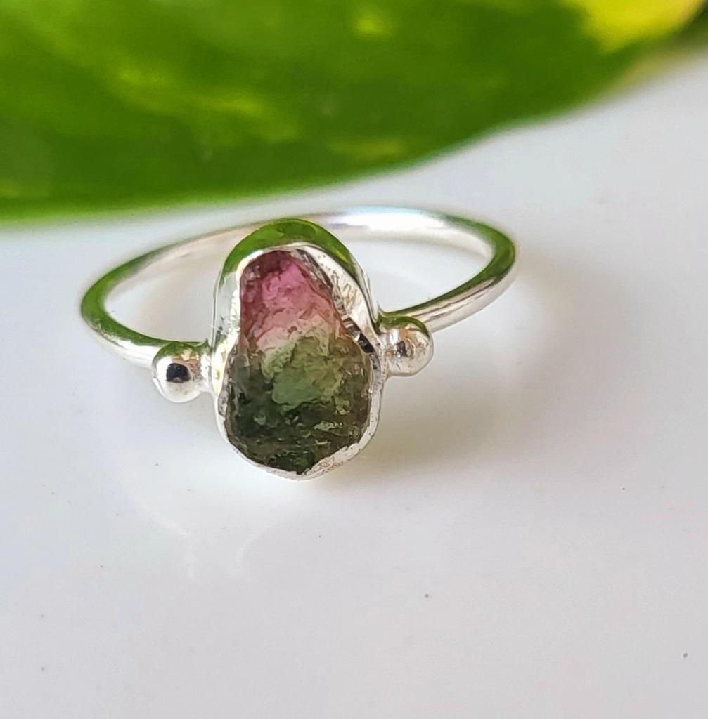 Rare Bicolor Pink Raw Tourmaline Gemstone 925 Sterling Silver Ring 5.75 US Gift