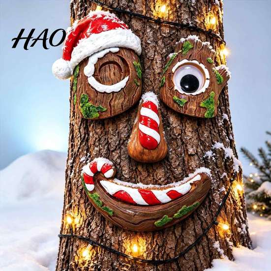 Santa Claus Trunk Decor 5 Pcs/Set Outdoor Tree Face Decor, Christmas Resin Art with Garden Sculpture Gift Hat, Funny Eyes Nose Mouth Set for