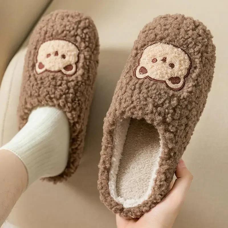 New Women Home Slippers Men Furry Indoor Bedroom Flats Warm Plush Couples Winter Floor Slides Non-slip Shoes Comfortable Autumn