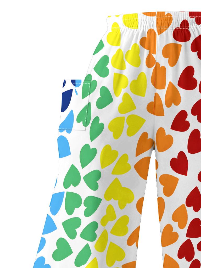 Women'S Spring Sweet Style Loose Wide-Leg Pants with a White Base And Rainbow Heart Prints, Featuring a Stretchy High-Waist