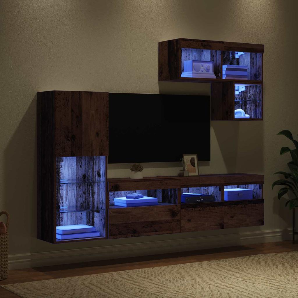 Wall Mounted TV Units with LED Light Strips 6 pcs Reclaimed Wood Effect Particleboard