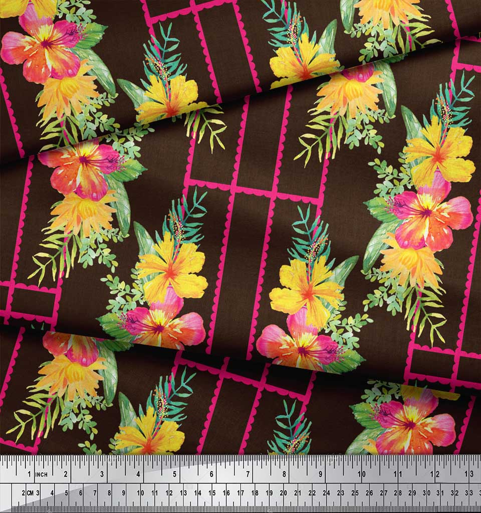 Soimoi Brown Poly Crepe Fabric Geometric & Floral Print Print Fabric By the Metre 42 Inch