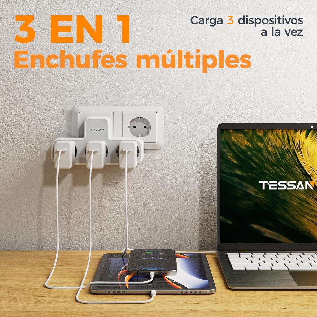 Tessan Удлинитель на 3 розетки, удлинитель 3 в 1, удлинитель для дома и офиса, совместимый с телефонами и ноутбуками