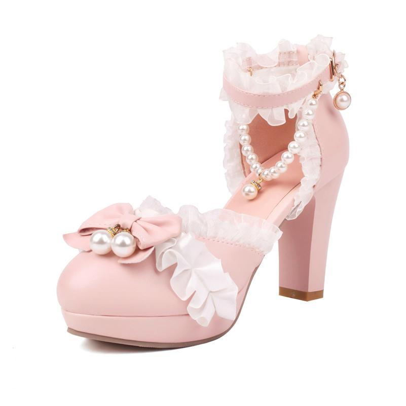Туфли-лодочки Лолита с ремешком на щиколотке, с круглым носком на платформе, на высоком каблуке Kawaii, женская обувь с пряжкой и бантом из бисера, весна-осень