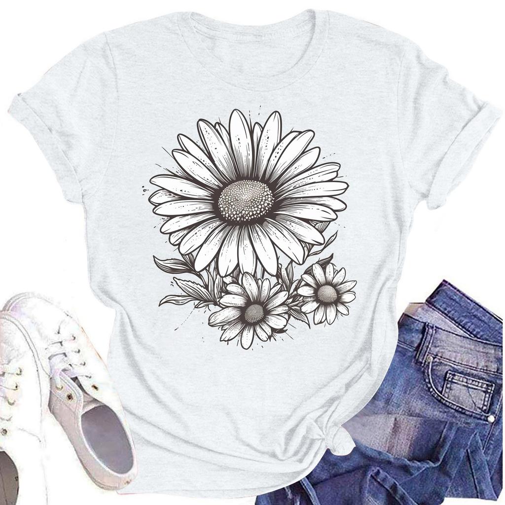 Женская повседневная футболка с круглым вырезом и цветочным принтом, короткий рукав