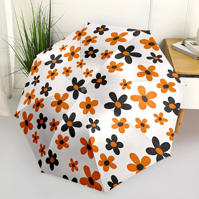 1pc Orange Black Flower Pattern Umbrella - Portable Home Essential, Durable Iron Frame with Rod Structure, Fashion Lovers yy250910128