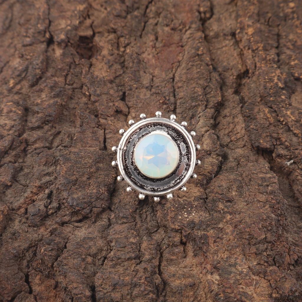 Round Milky Opal Stone 925 Silver Handcrafted Statement Best Sisters Gift Ring RR-49-13
