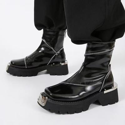 Женские зимние ботинки на платформе с ботильонами, роскошные туфли с квадратным носком и средним каблуком, кожаные плюшевые туфли, зима 2025, трендовый дизайнер, новые готические ботинки Mujer