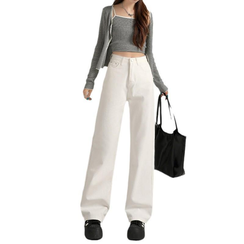 2025 Новые женские облегающие белые джинсы с высокой талией и широкими штанинами - Универсальные летние тонкие брюки