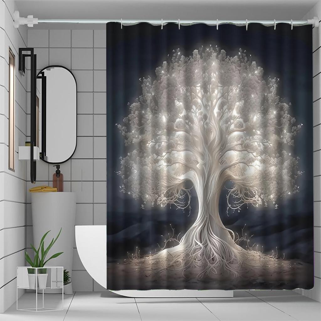 Белая Шторка для Душа с Рисунком Дерева, Художественный Дизайн Дерева, Полиэстер, Всесезонное Использование, Крючки в Комплекте, Идеально для Декора Ванной Комнаты