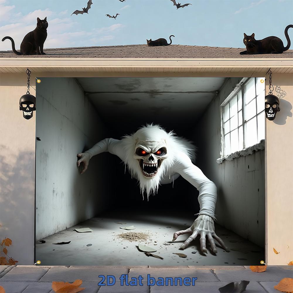 2D flat 1pc Halloween garage door banner - Terrifying white-haired monster polyester indoor/outdoor decoration for parties
