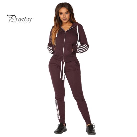 2 Pcs/Set Women Hoodie Pants Suit Hooded Long Sleeves Solid Color Zip-up Coat Elastic High Waist Ankle-banded Trousers Sport Fall Winter Tracksuit
