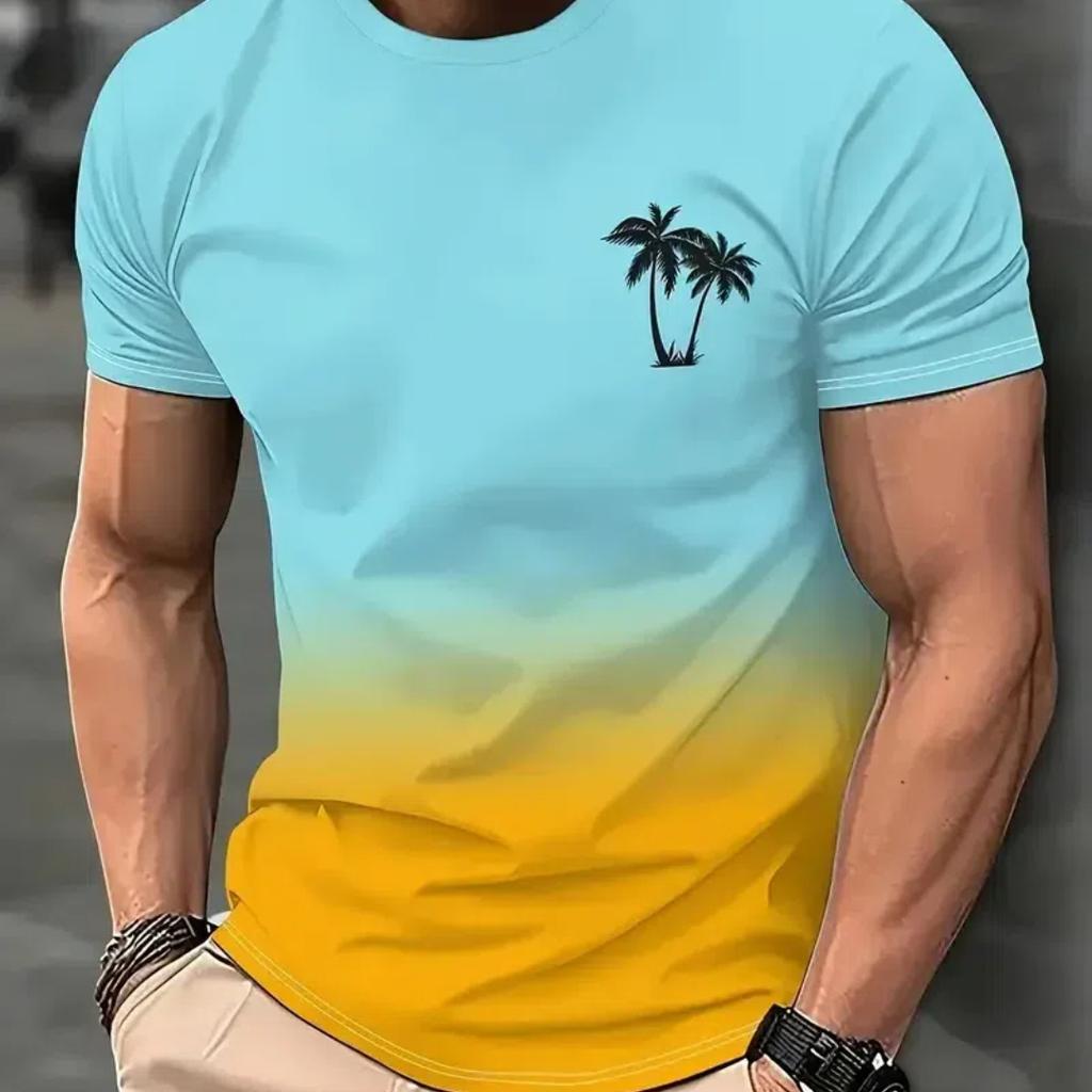 Футболка Gradient Coconut Tree для мужчин, летняя пляжная гавайская футболка с 3D-принтом, для отдыха и спорта, дышащая, мужская одежда больших размеров