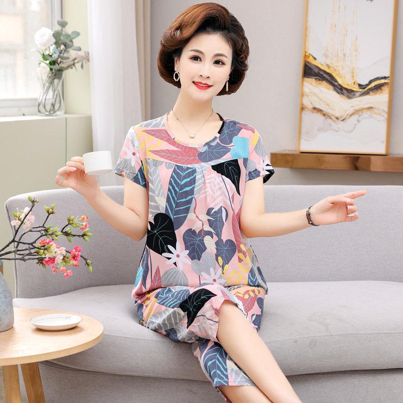 Женский летний пижамный комплект из хлопкового шелка - комплект из двух предметов с короткими рукавами для матерей среднего и пожилого возраста, подходит для ношения в помещении и на улице