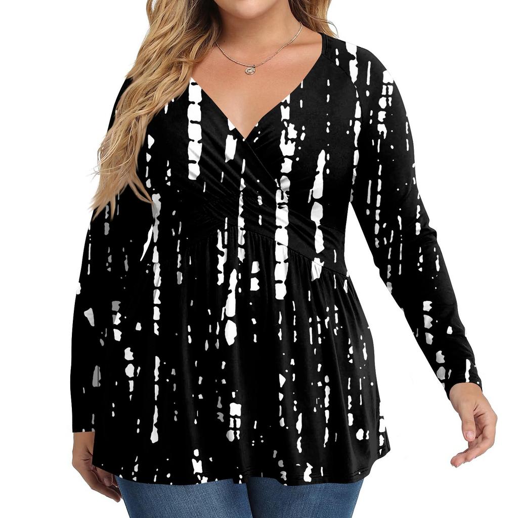 Женская рубашка большого размера с длинным рукавом, принт, плиссированный повседневный топ с V-образным вырезом