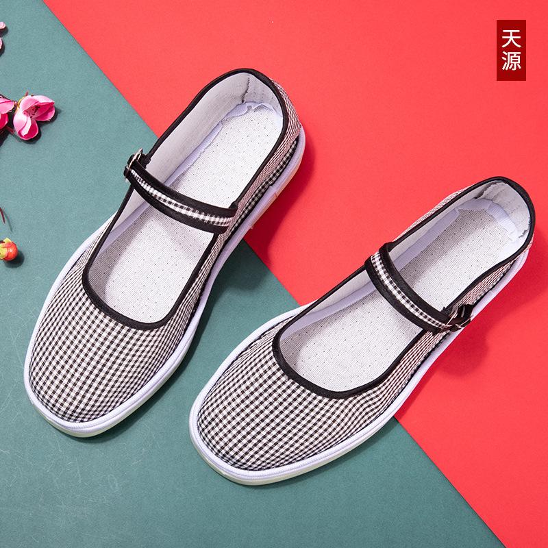 2025 Ручной работы хлопковая ткань женские клетчатые тканевые туфли с цветами ретро литературные с мелким вырезом танцевальные на плоской подошве для работы черные туфли