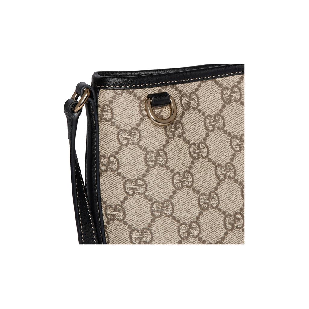 Gucci GG Supreme Beige Bucket Bag, Black Leather Trim, Women's Daily Shopping Travel Crossbody Handbag 847090-FAEUC-9741