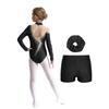 Girls Gymnastics Dance Outfit Set Long Sleeve Keyhole Back Sheer Mesh Patchwork Sparkly Leotard Shorts Hair Band
