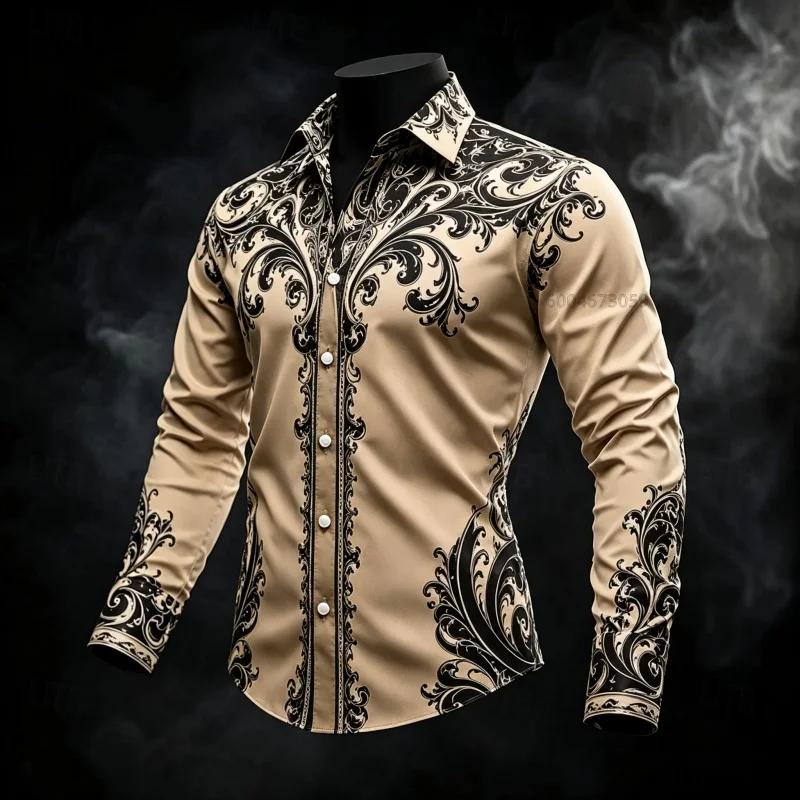 Men's Shirt with Contrasting Baroque Pattern Long-Sleeved Shirt, Slim Fit Lapel Shirt, Casual and Comfortable Men's Clothing