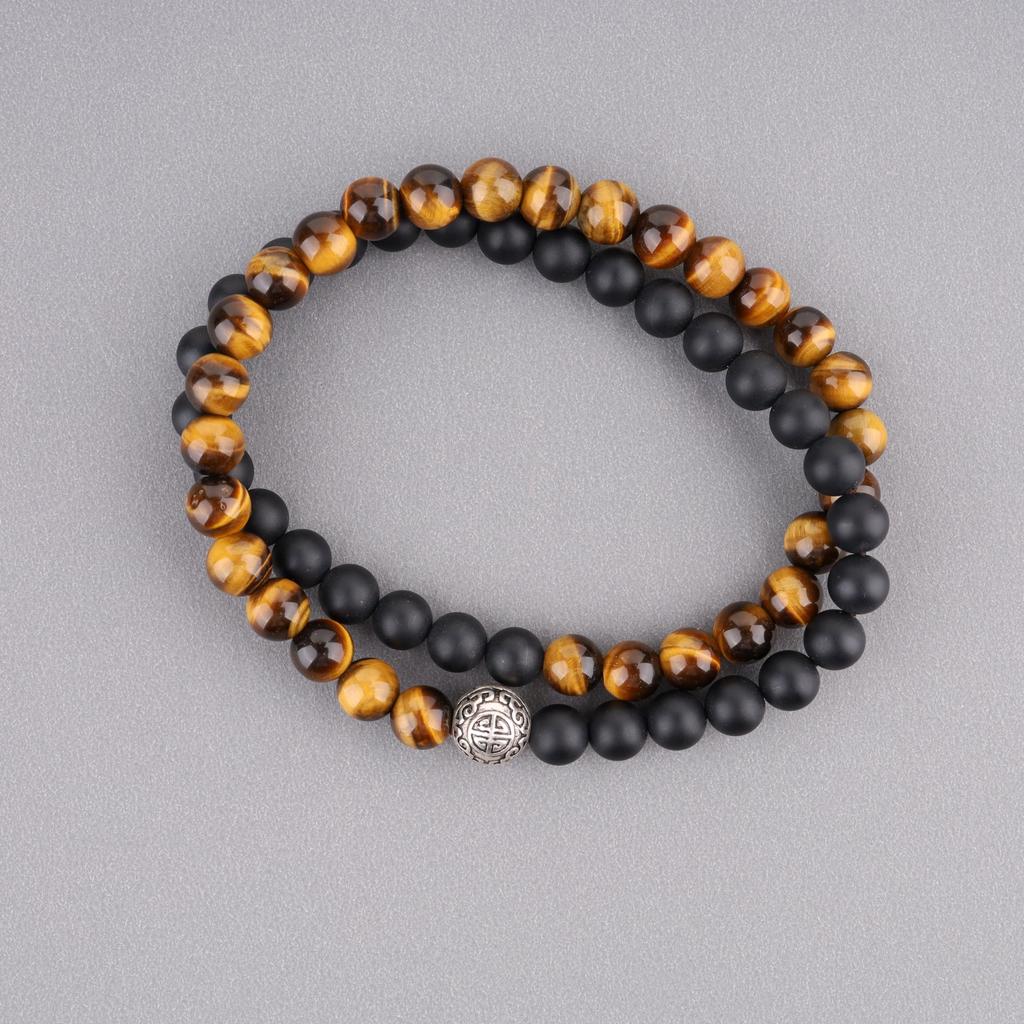 COAI Tiger Eye and Matte Onyx Bracelet with Silver Lightning Power Good Luck for Men and Women Design, Double-Wrapped Stones, Charm,