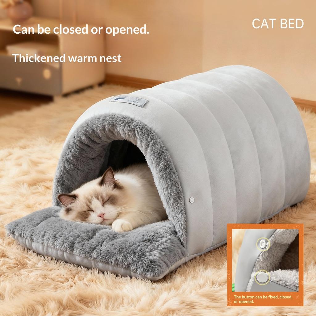 Warm Pet Sleeping Bag for Cats Small Dogs, Semi-Enclosed Faux Leather Cat Cave Bed with Soft Pad, Winter Cozy Nest